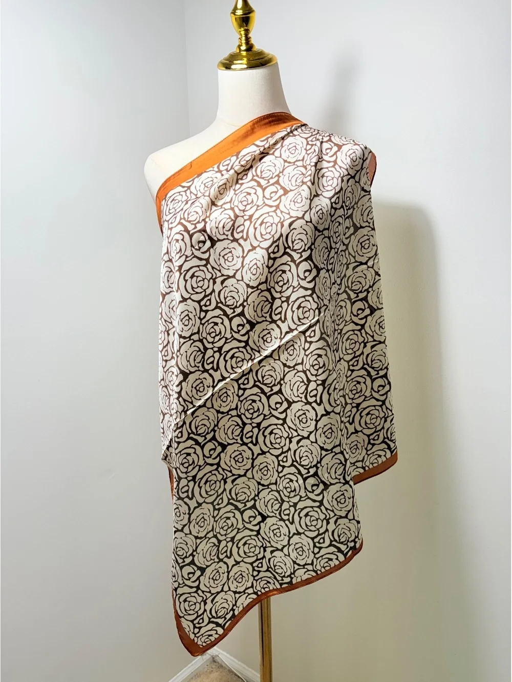 Vintage Floral Patterned Scarf with Rust Orange Border